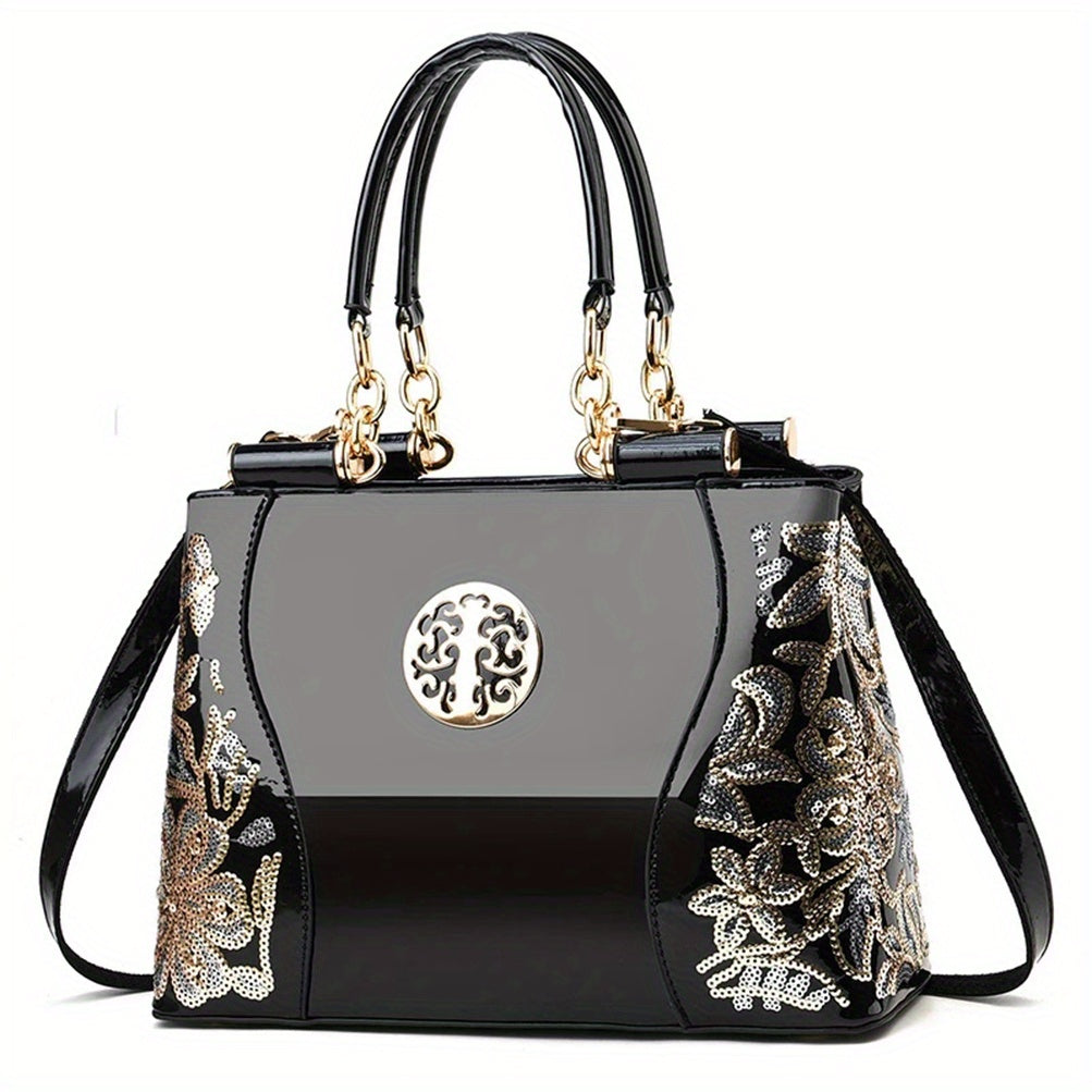 Sequined Flower Pattern Tote Bag for Women Zipper Adjustable Strap Festival Handbag