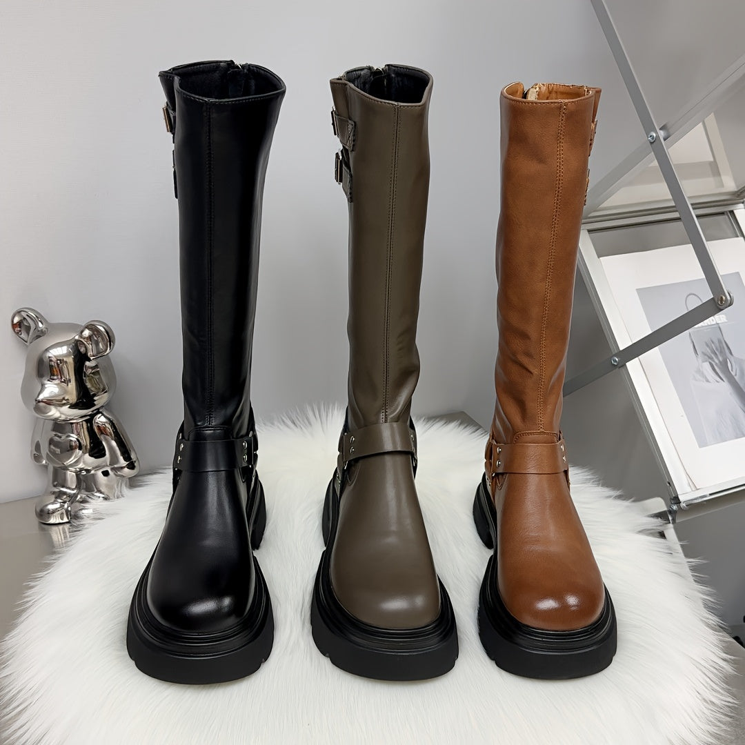Women's Faux Leather Knee-High Platform Boots Black Buckle Straps