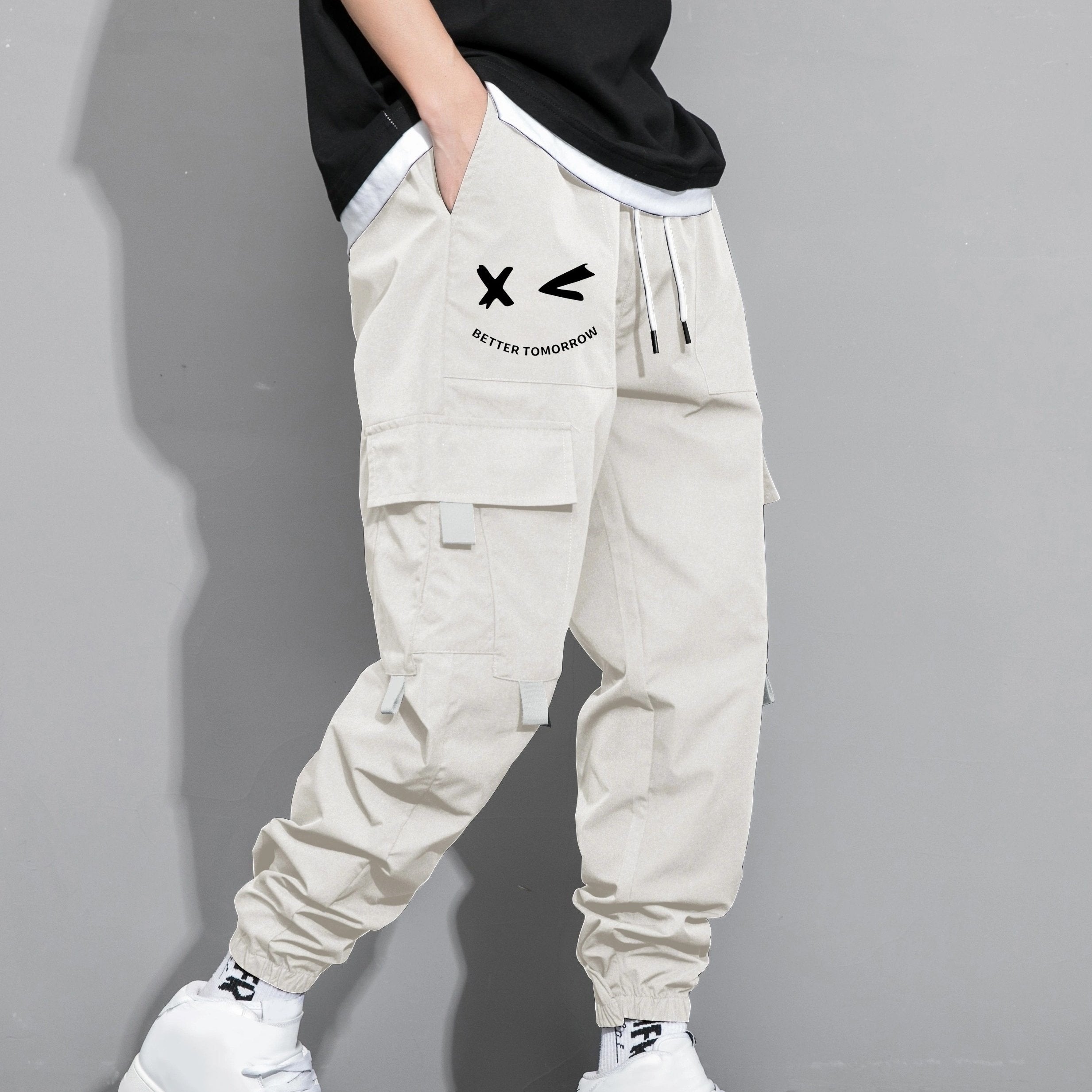 Men's Cargo Pants with Multiple Pockets Polyester Loose Fit Drawstring Waist Casual Outdoor Streetwear