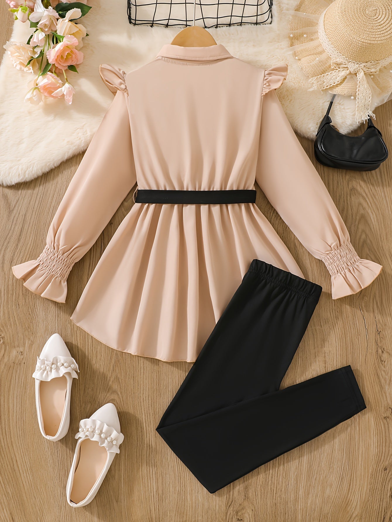 Girls' 12 and Under Apricot Peplum Blouse and Solid Pants Set for Spring Fall Outdoor Wear