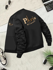 Plus Size Women's Paris Print Baseball Collar Jacket Lightweight Polyester Zip Jacket with Pockets