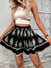 Женские шорты больших размеров с цветочным принтом черный и белый, неэластичные, летние повседневные