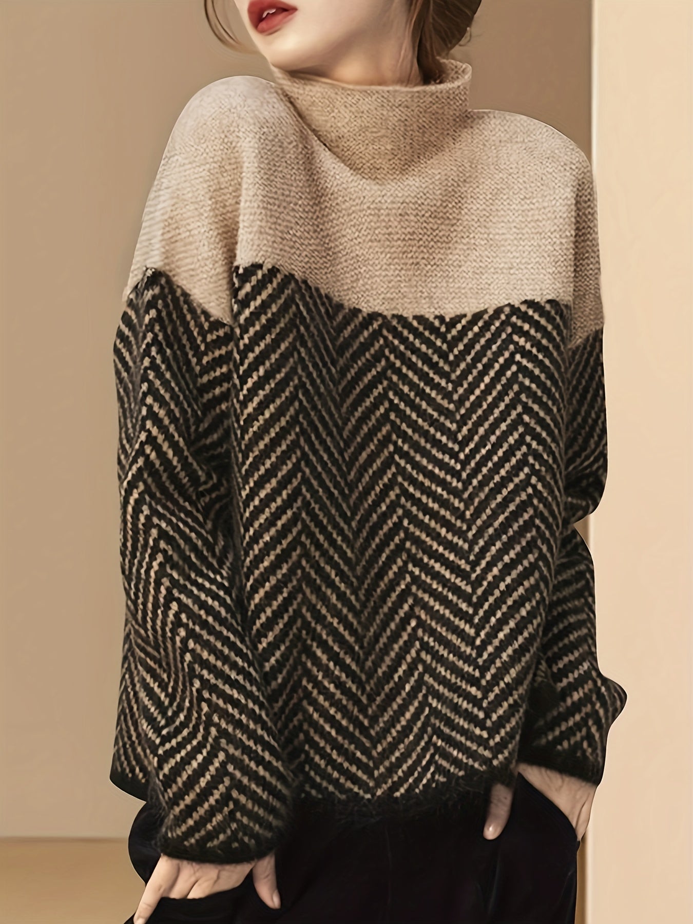 Women's Plus Size Color Block Knit Sweater Long Sleeve Pullover