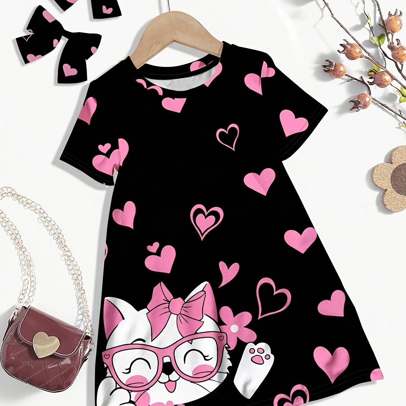 Girls' Dress Heart Print Polyester Knit Loose Fit for Outdoor Wear Black Pink Cats Medium Stretch