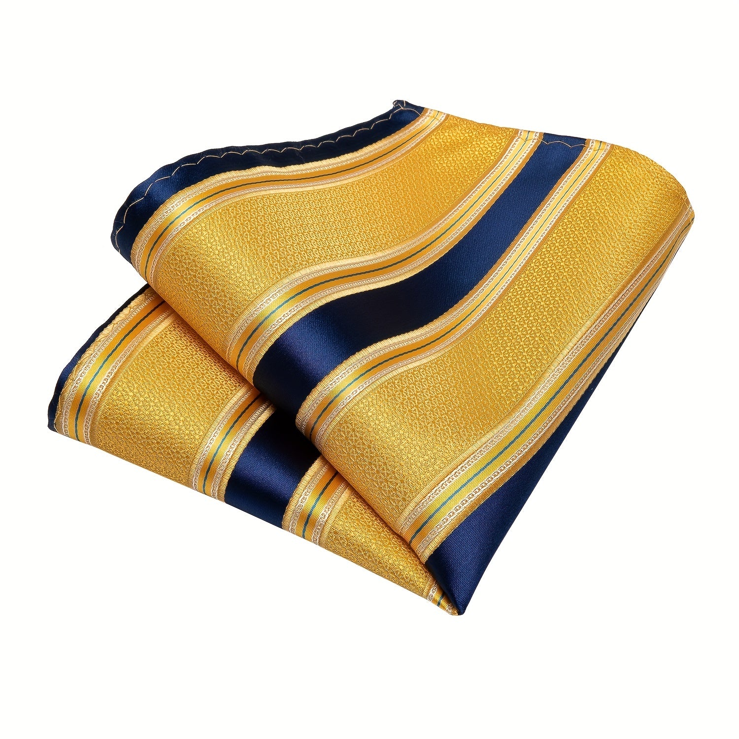 Men's Blue and Yellow Striped Tie Set with Cufflinks and Handkerchief for Business and Gift