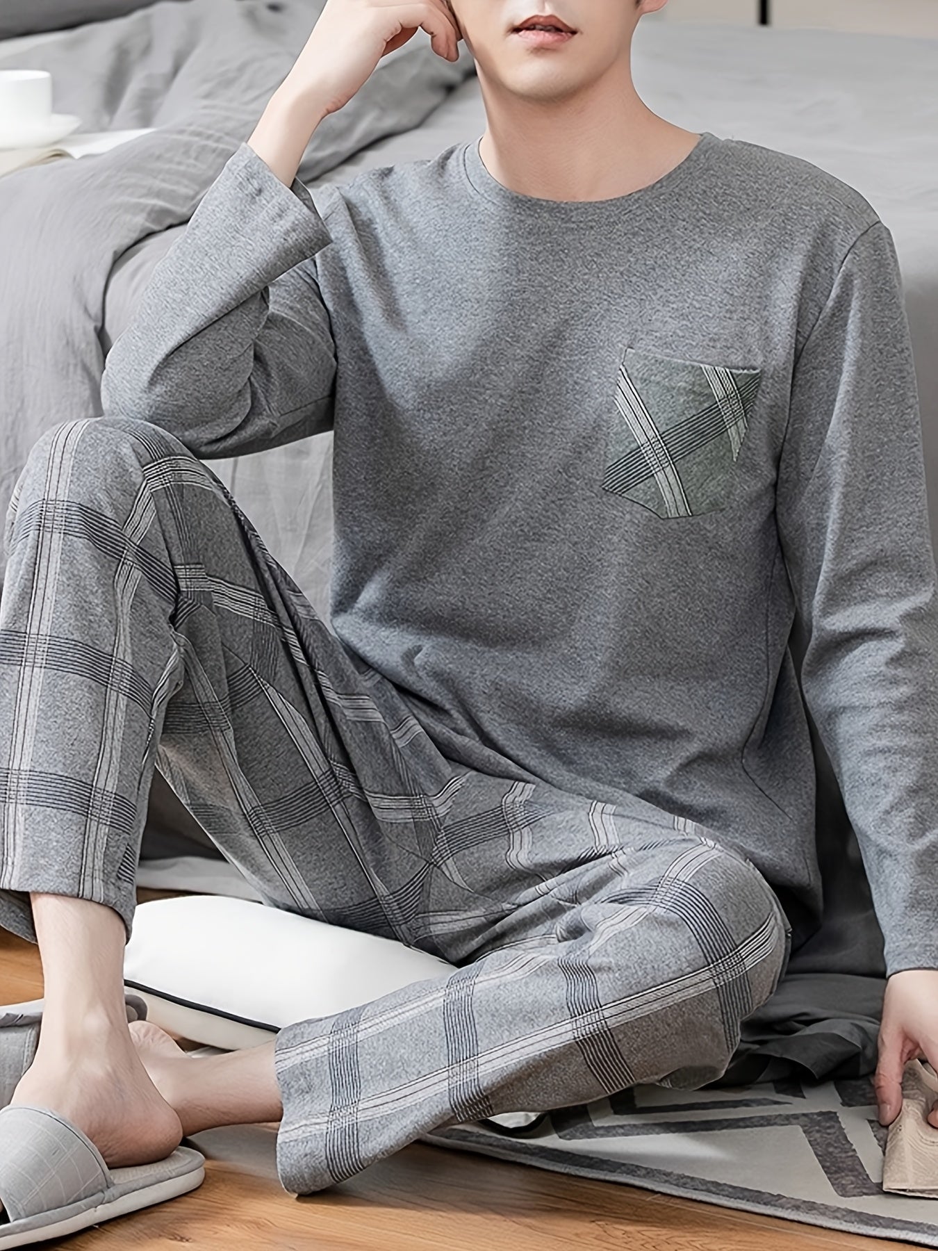 Men's Gray Long Sleeve Pajama Set with Plaid Pants Polyester Machine Washable