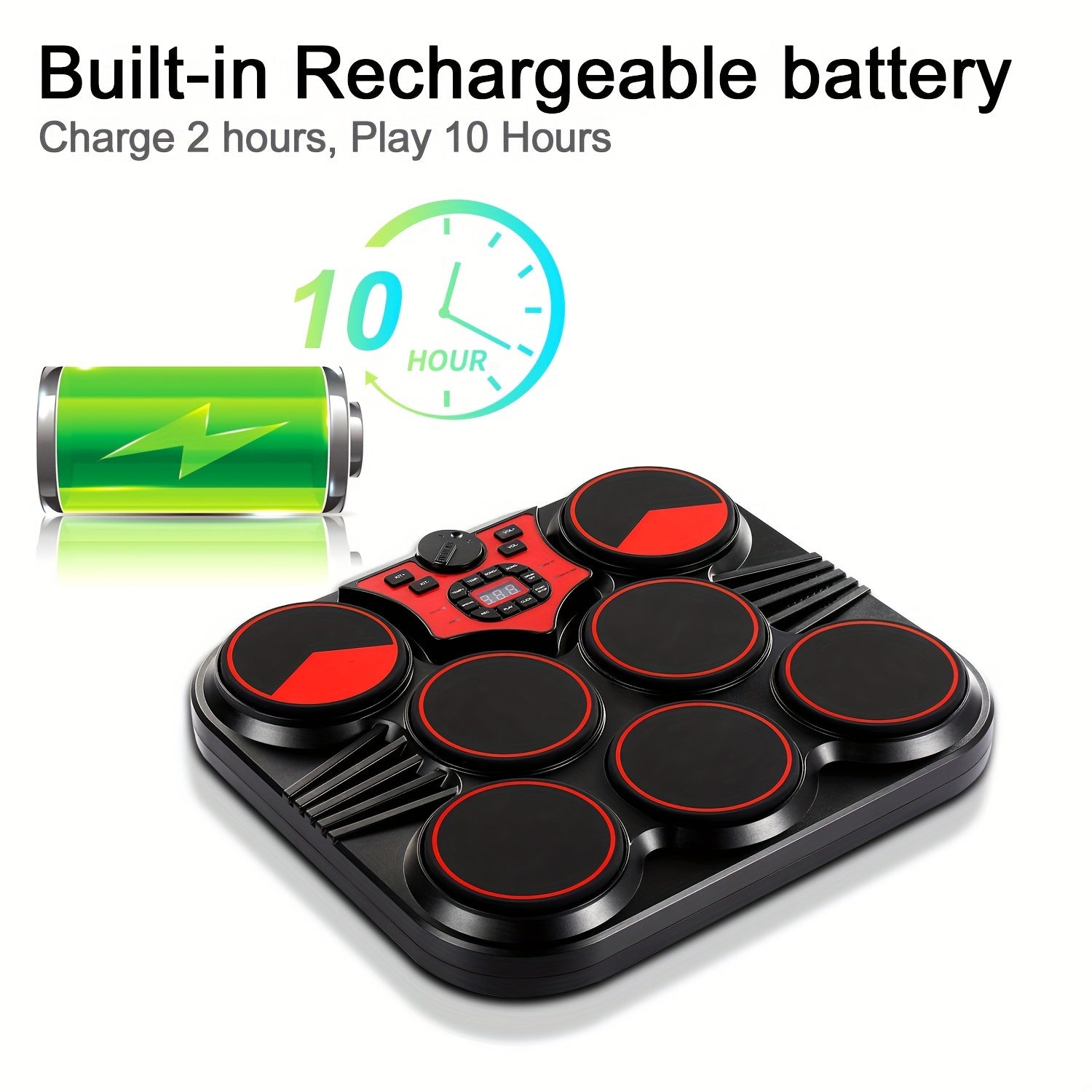 Portable Electronic Drums with Foot Pedal and Drumsticks Black 10H Playback USB Recording