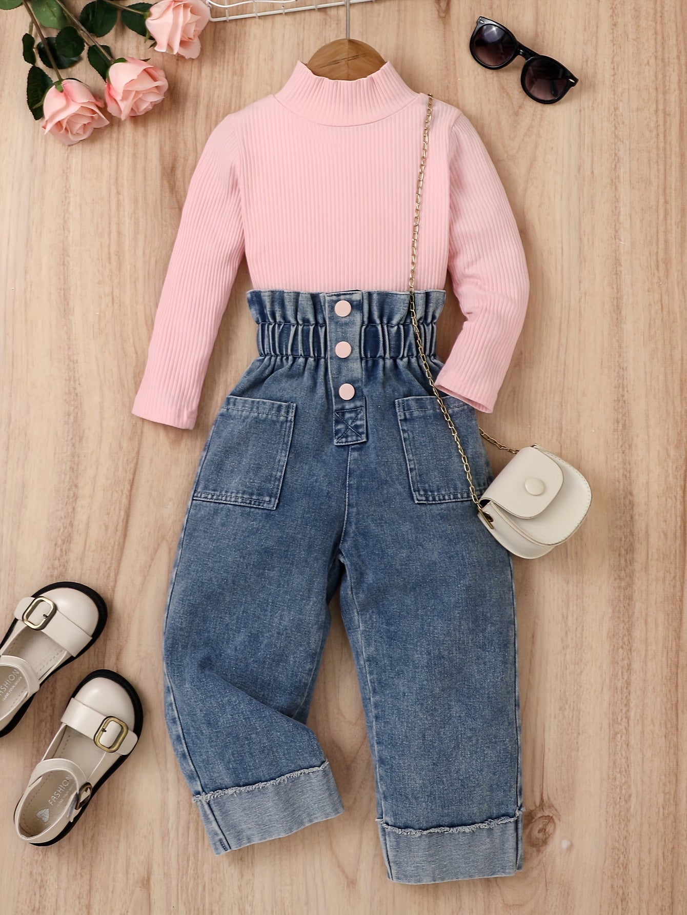 Girls Cotton Denim Pantsuit with Striped Long Sleeve Top and Straight Hem