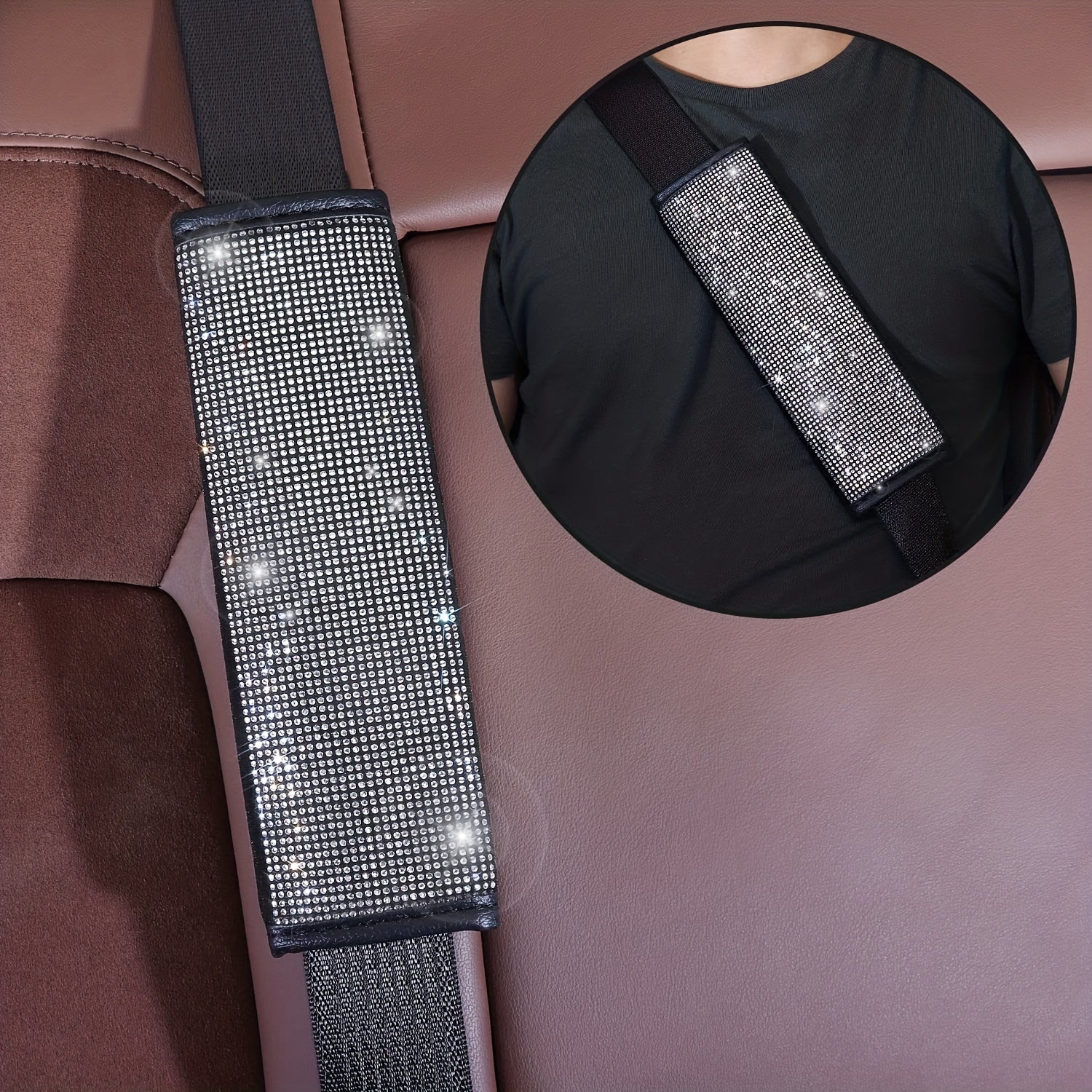 Juego de accesorios de coche con brillo para mujer: cubierta de volante, posavasos, protectores de cinturón, almohadillas para el hombro y cubierta de palanca de cambios