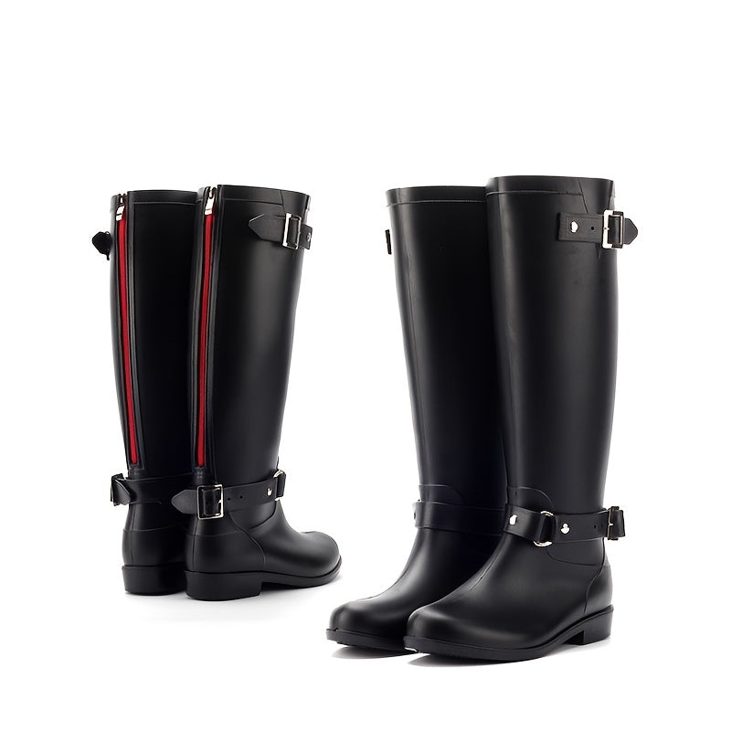 Women's PVC High-Calf Rain Boots with Adjustable Buckles Black Outdoor