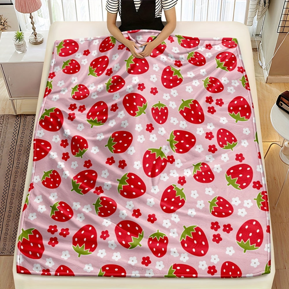 Pink Strawberry Print Flannel Throw Blanket for Bed Sofa All Seasons