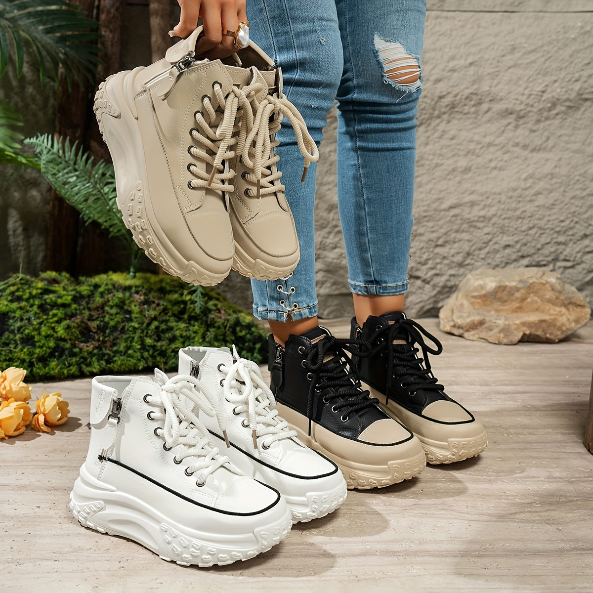 Women's High-Top Platform Sneakers with Rubber Sole Slip-Resistant Beige Black