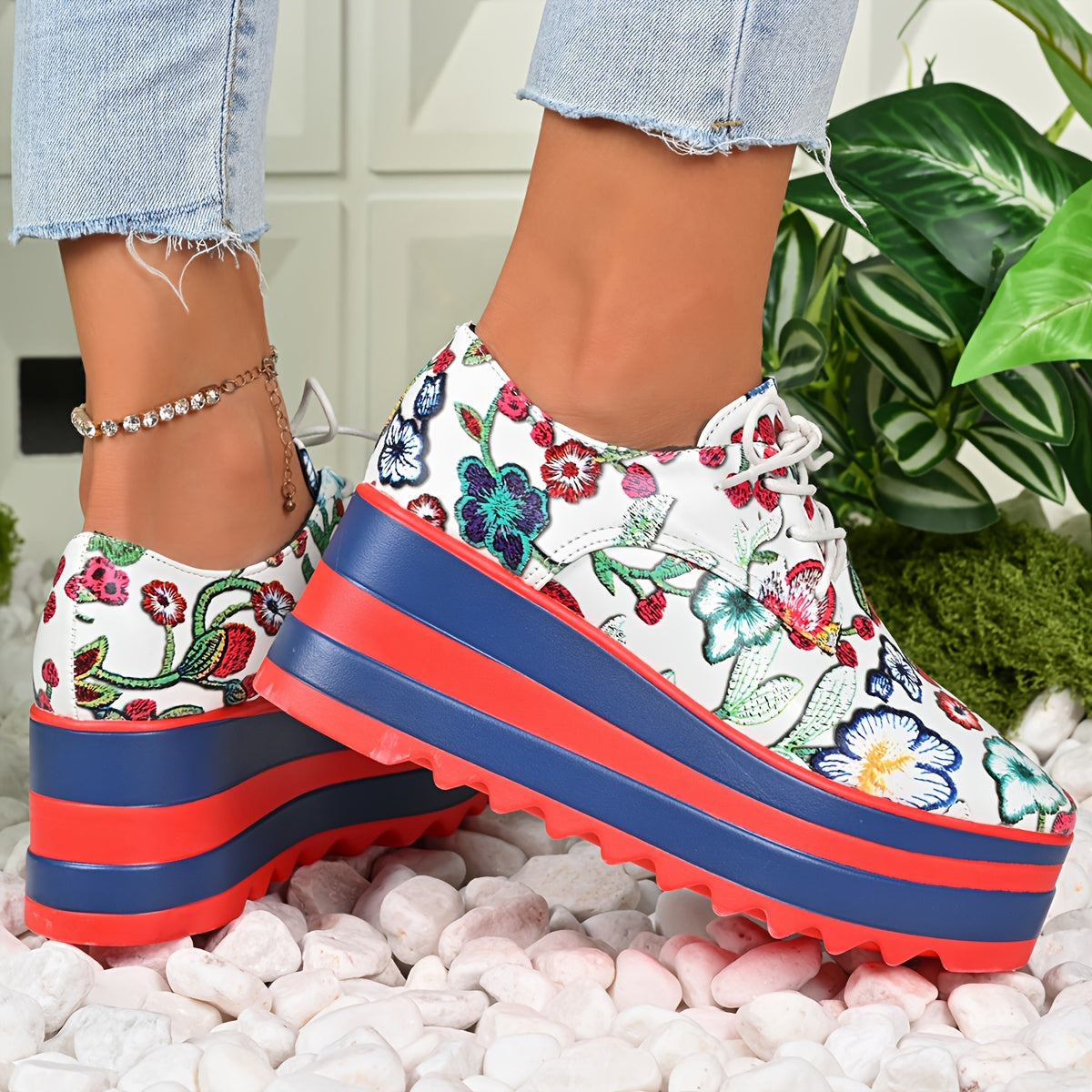 Women's Floral Lace-Up Shoes Synthetic Cover Thick Platform Sole All-Season Comfortable
