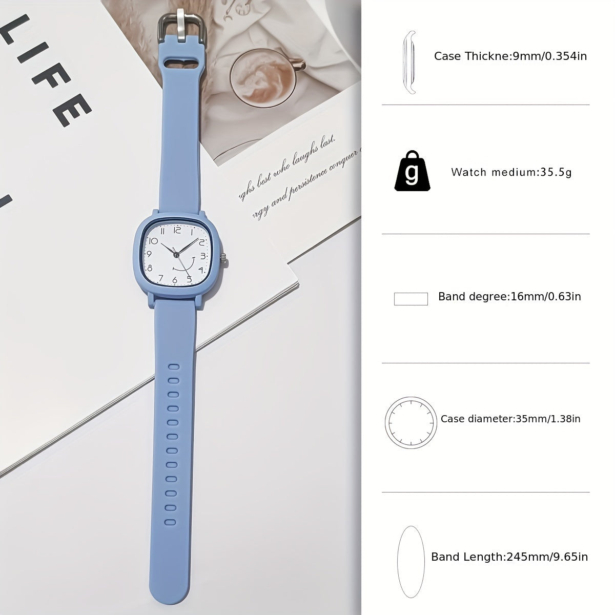 Women's Quartz Watch Square Face Silicone Strap Casual with Smile Face Design