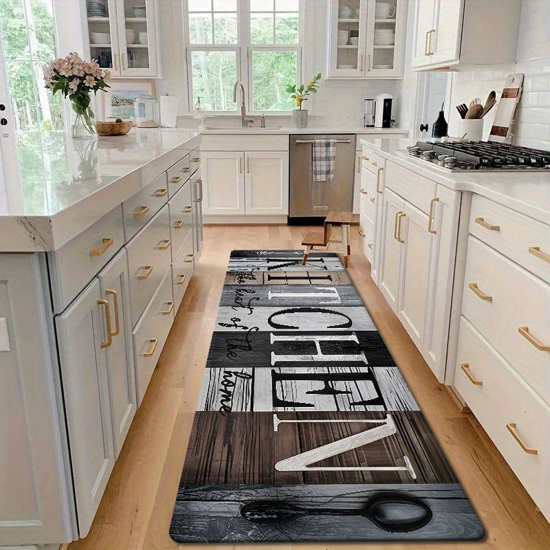 Cozy Patchwork Plank Kitchen Mat Non-Slip Easy-Clean Polyester Rug for Living Room Bedroom Dining