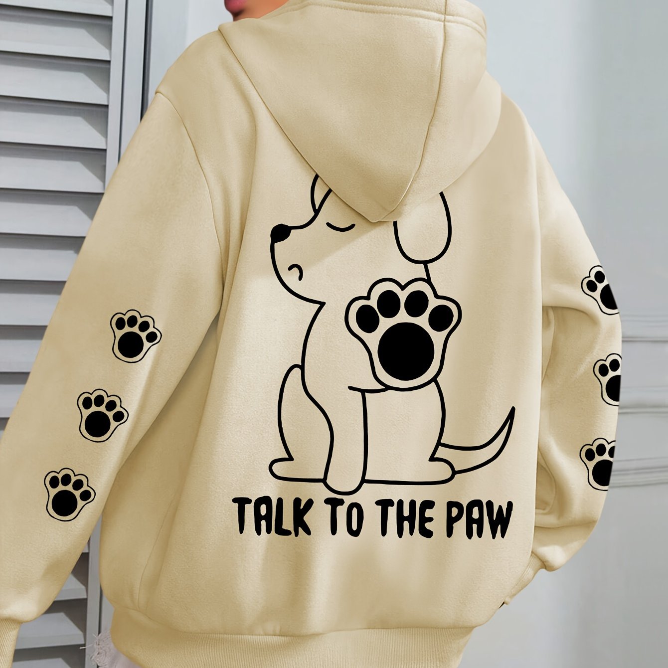 Plus Size Beige Hoodie with Dog "Talk to the Paw" Design Casual Pullover