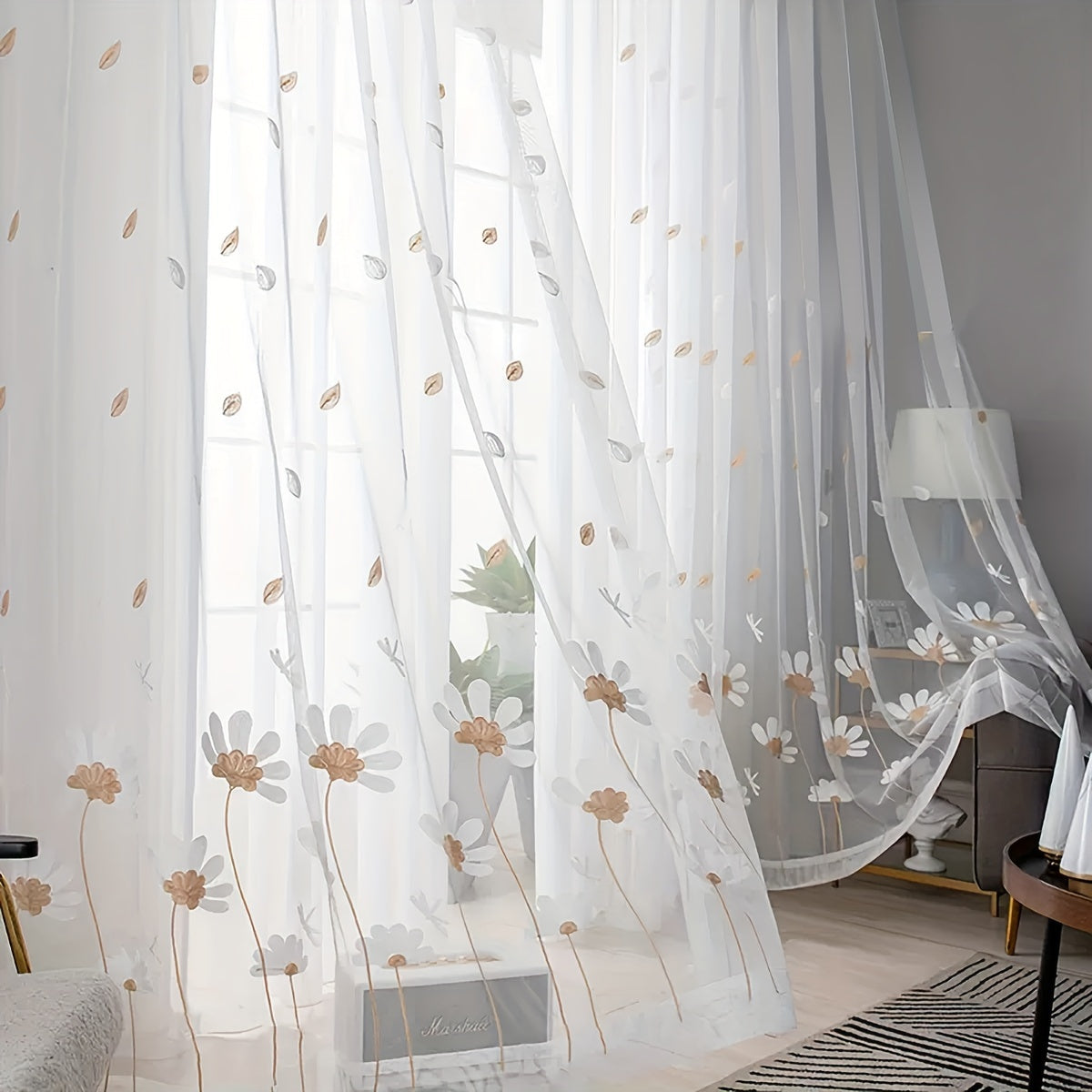 Simple Animal Embroidery Tulle Curtain for Living Room Window Sheer Decor
