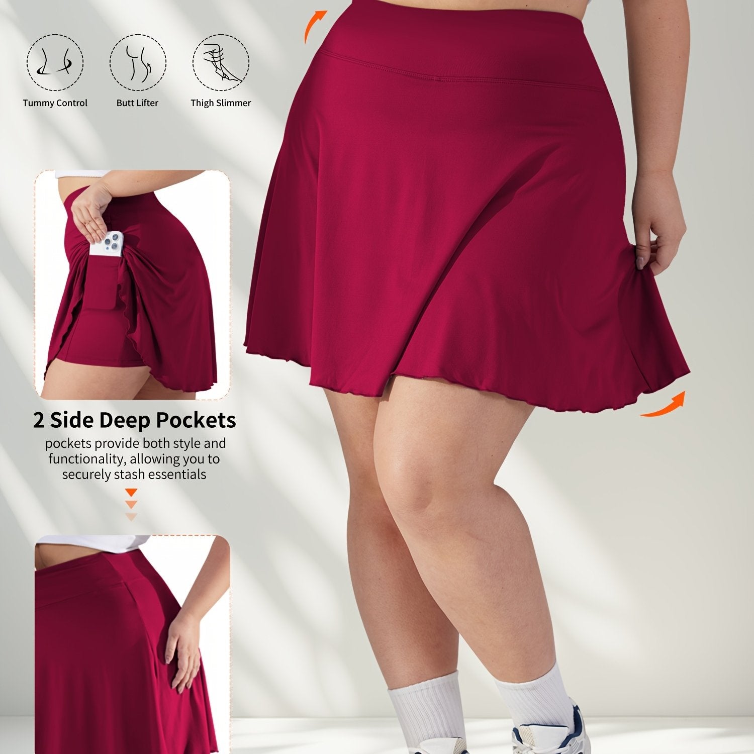 Plus Size Women's Tennis Skirt with Pockets, Green, High Stretch, Athletic Fit