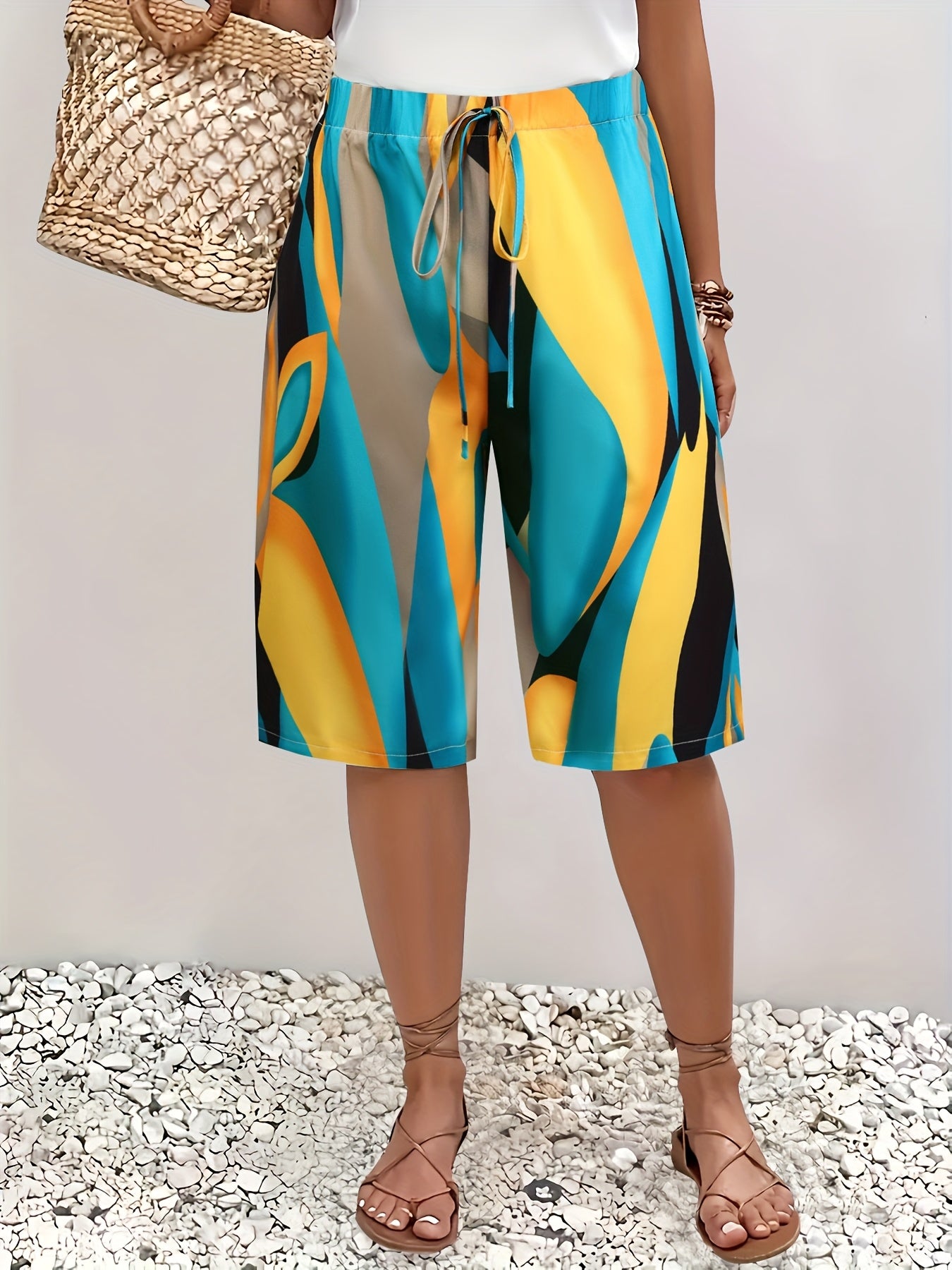 Plus Size Women’s Casual Printed Mid-Length Pants Elastic Waist