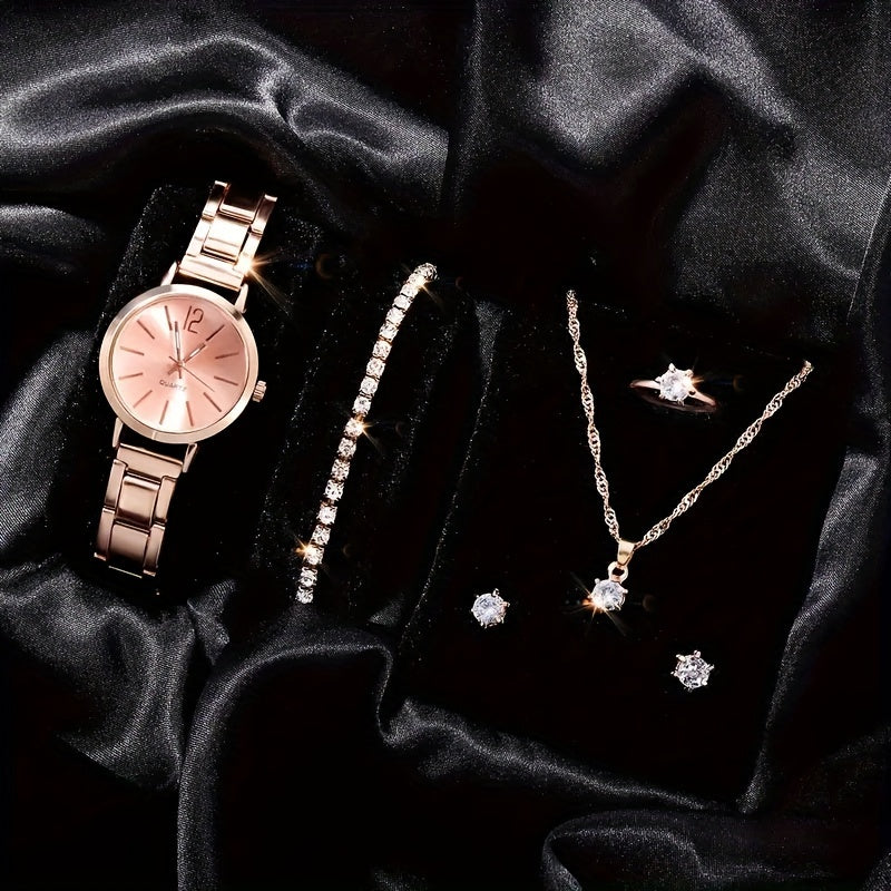 Women's Quartz Watch with Stainless Steel Band and Synthetic Gemstone Jewelry Set