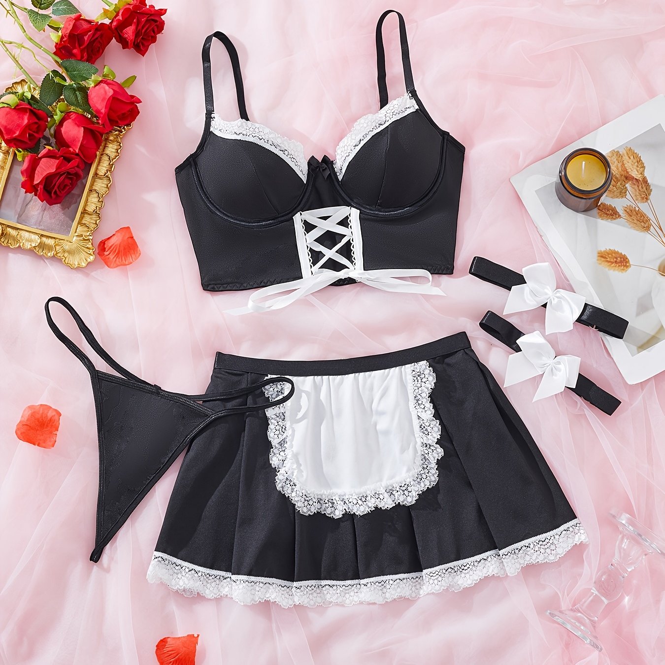 Seductive Lingerie Set with Maid Theme Includes Bra Short Skirt Thong and Pantyhose