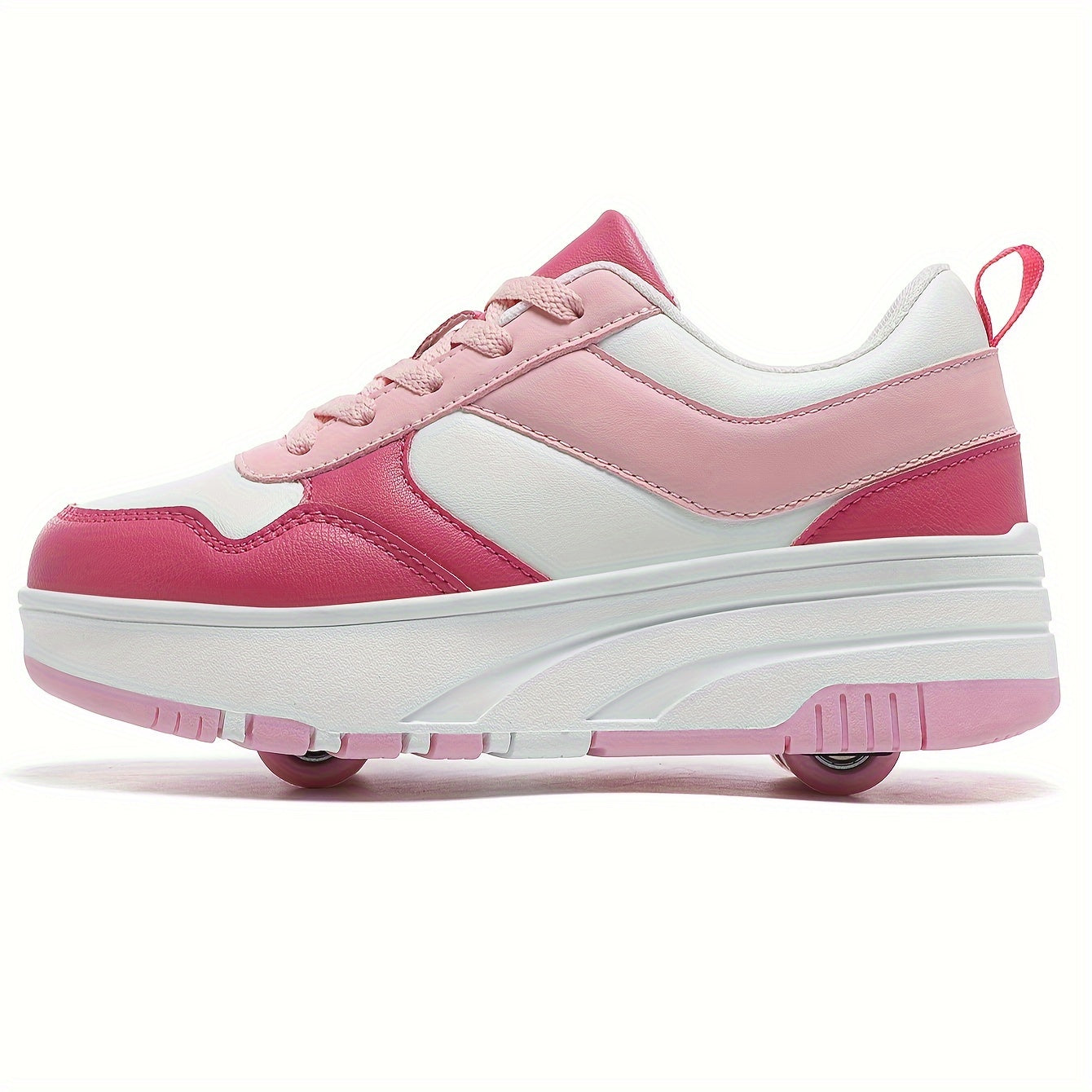 Yoshlar uchun pushti va oq dizayndagi retro uslubidagi moda rolikli konkilar, sozlanadigan qistirma tasmalari va nafas oladigan material. Partiyalar, sport va tasodifiy kiyimlar uchun mukammal. Mustahkam TPR.