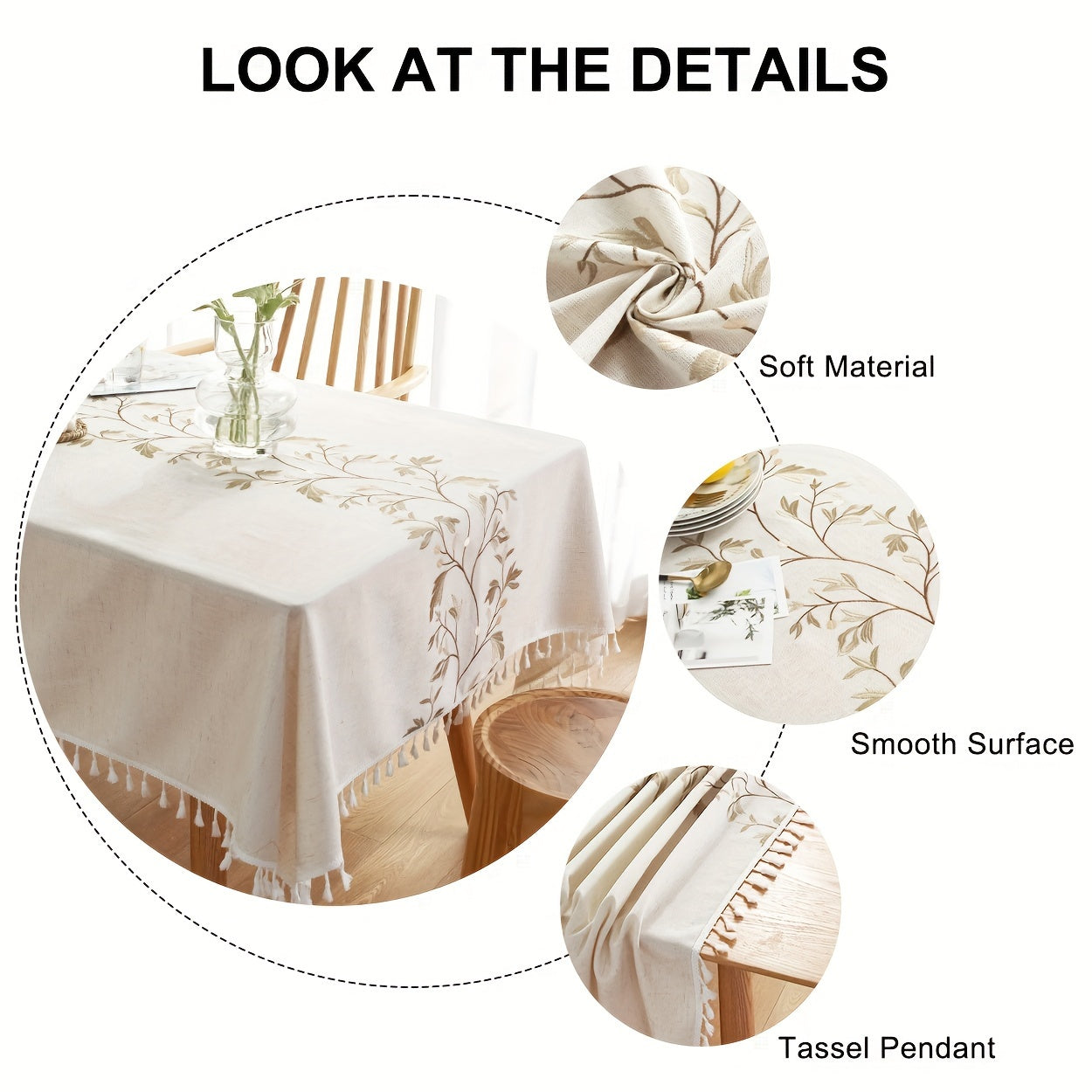 Linen Tablecloth with Feather Embroidery Rectangular Durable Easy to Clean for Weddings Parties and Restaurants
