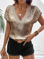 Women's V-Neck Top Short Sleeve Polyester Golden Foil Print Casual Vacation All Seasons