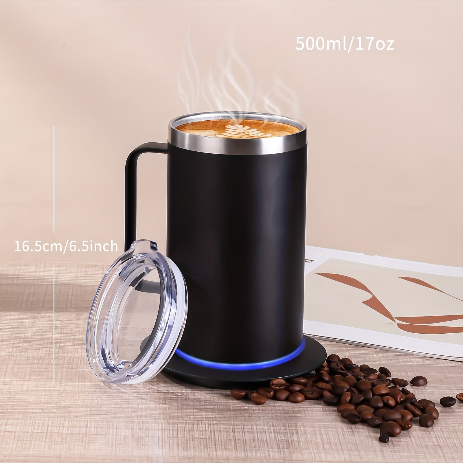 Large Stainless Steel Heated Coffee Mug with Lid USB Portable Hot Drink Keeper