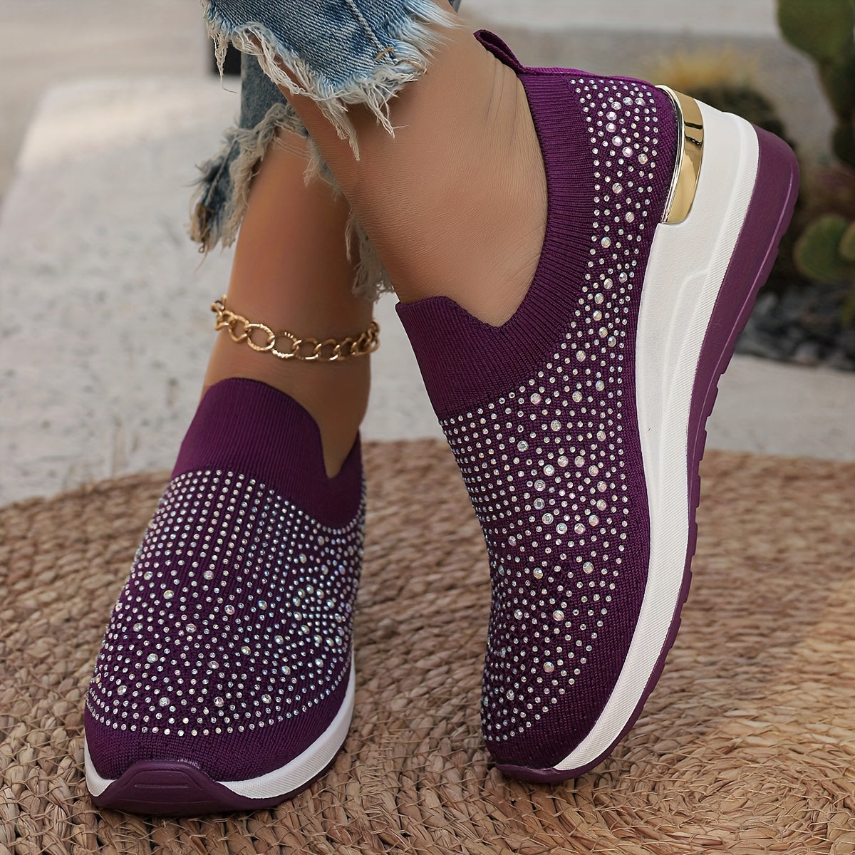 Women's Rhinestone Decor Platform Sneakers Casual Slip-On Outdoor Shoes