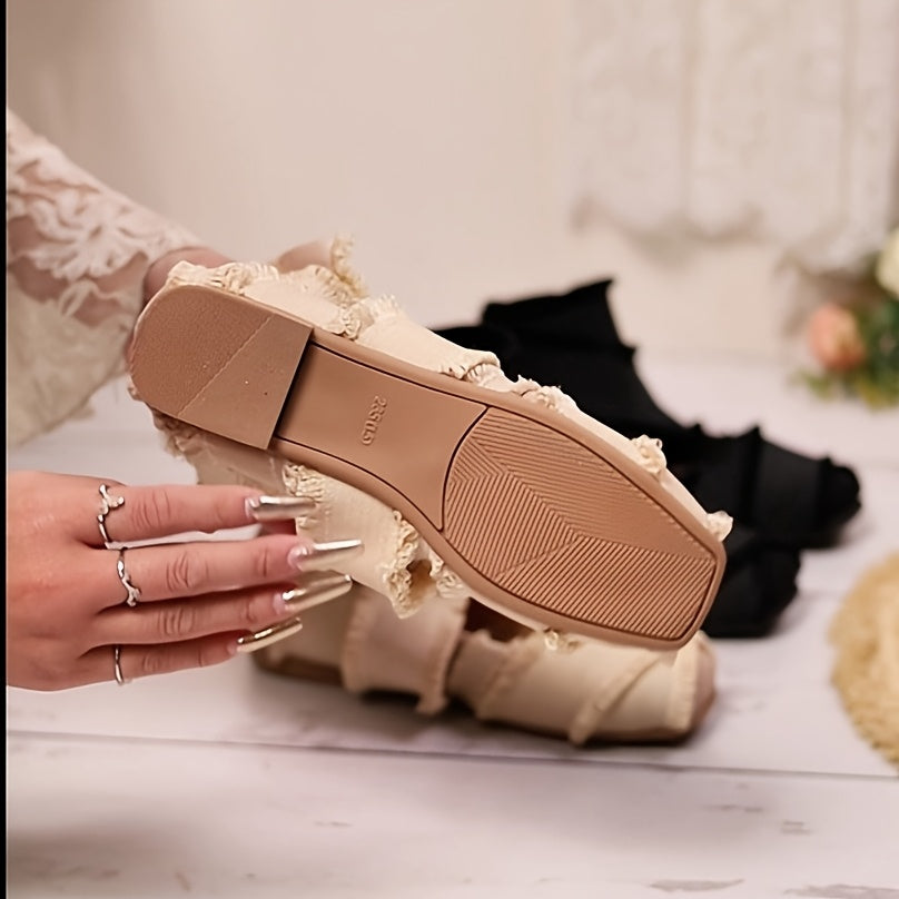 Women's Ankle Boots Black Fabric Square Toe Buckle Closure All-Season