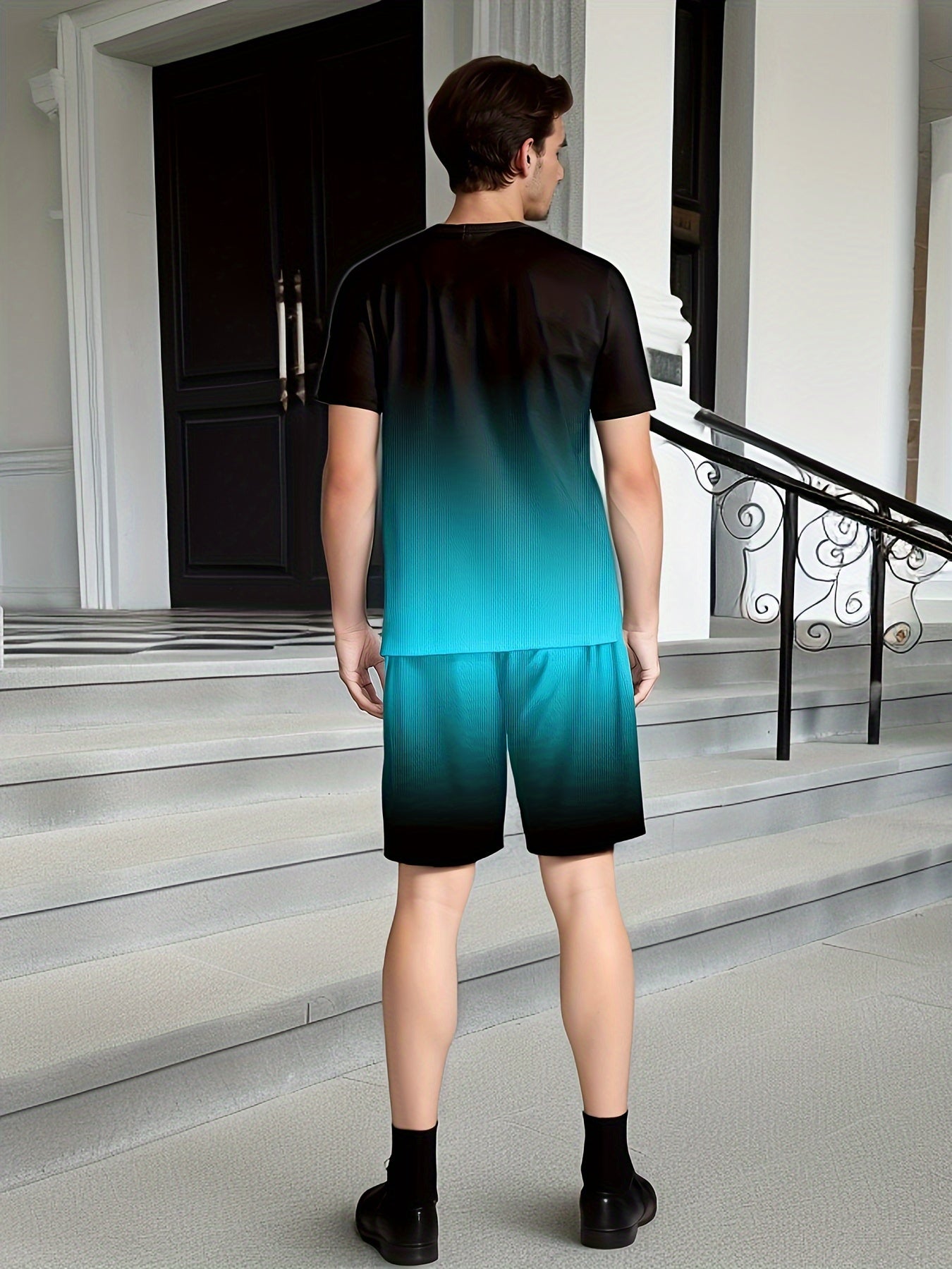 Erkaklar yozgi sport to'plami, "PARIS" bosma, chiziqli naqsh, ozgina cho'ziluvchan, polyester va spandeks aralashmasi bilan crew neck T-ko'ylak va shortilar.