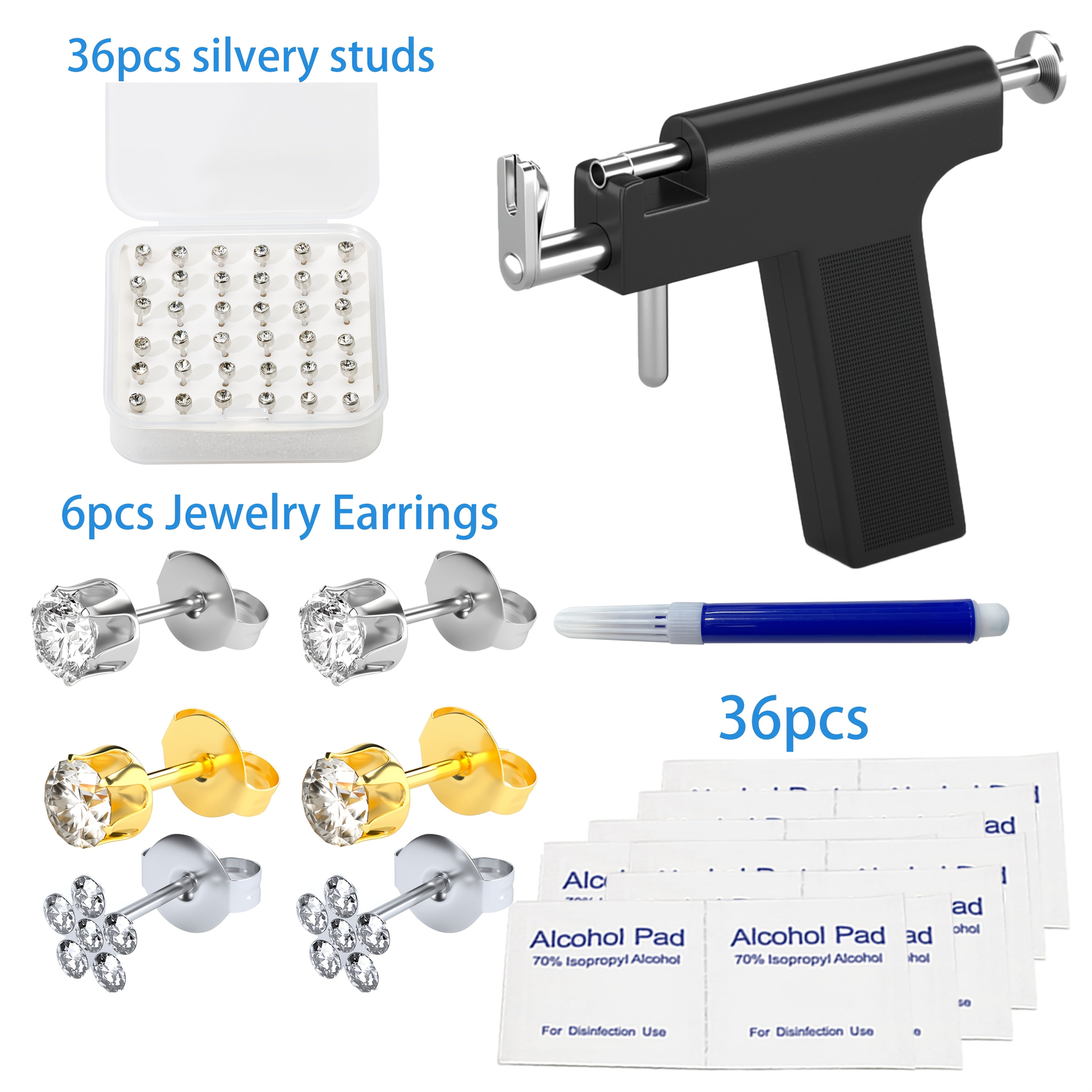 Quloq teshish uchun to'plam, qayta ishlatiladigan qurol bilan, gipоallergik taqinchoqlar, dezinfeksiya qilish uchun eritma