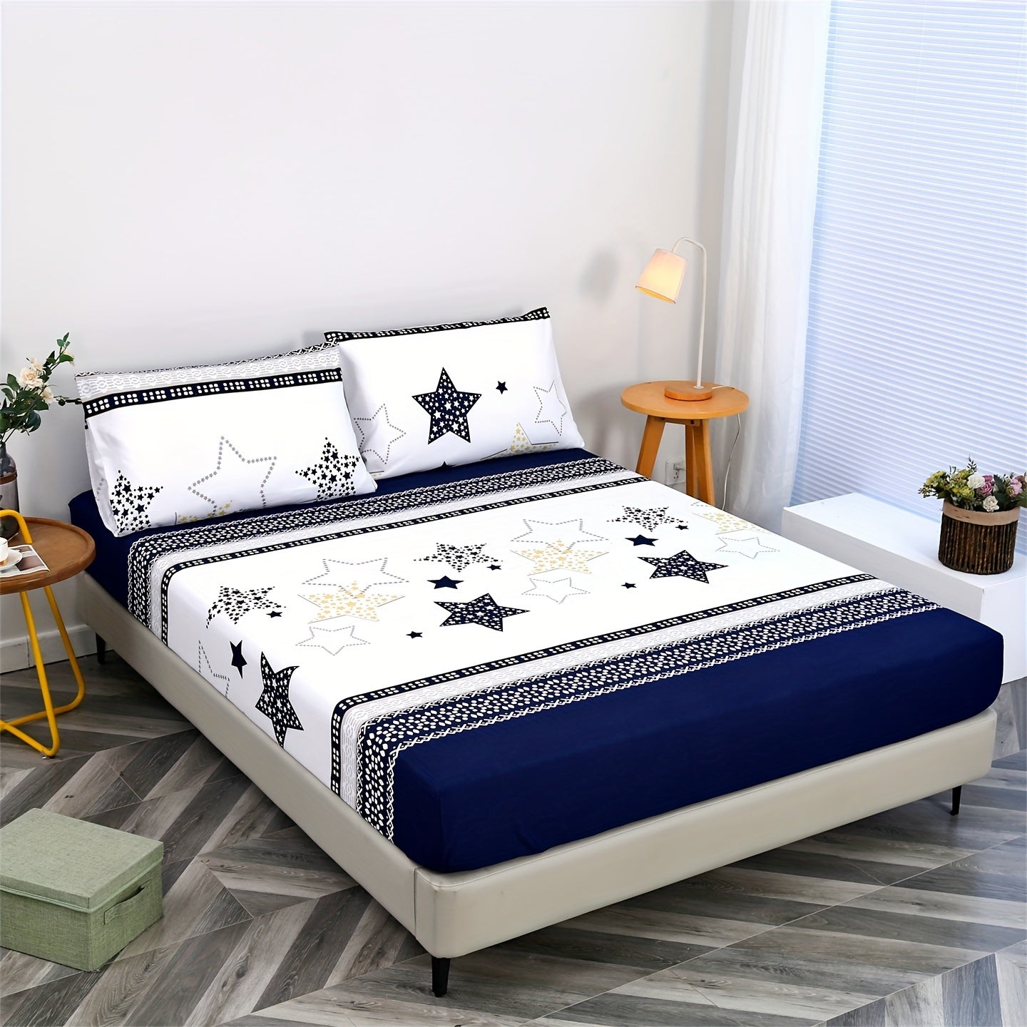 Conjunto de ropa de cama con estrella geométrica y gráfico de líneas, 3 piezas, sábana ajustable y fundas de almohada