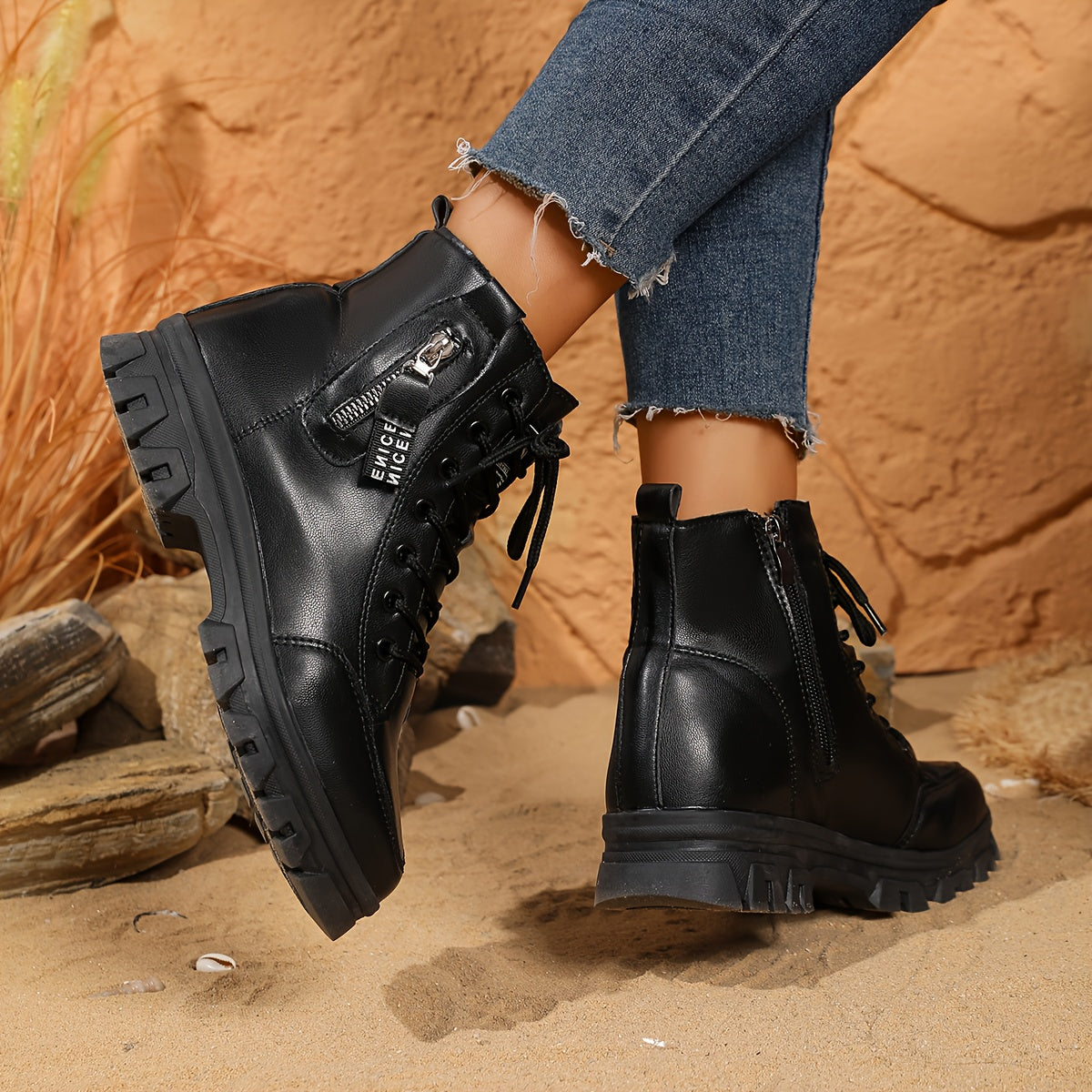 Women's Black PU High-Top Ankle Boots with Rubber Soles and Lace-Up Closure