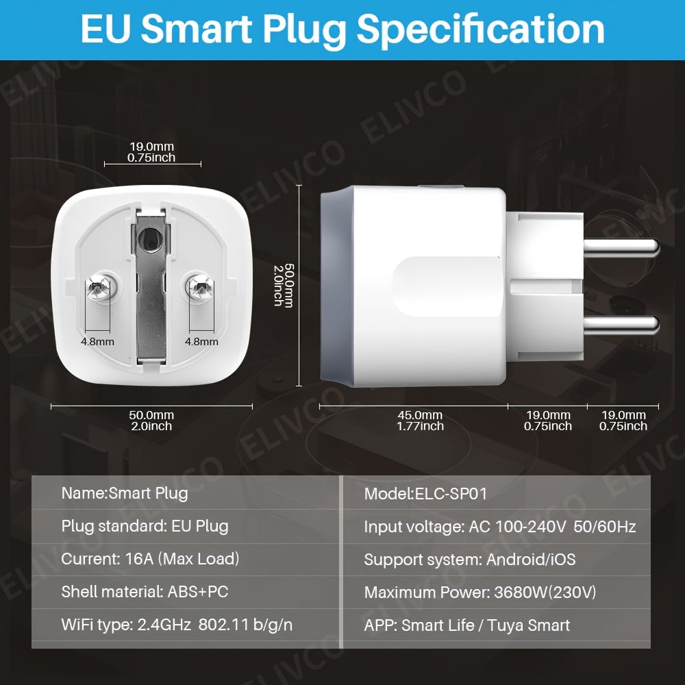 Enchufe inteligente WiFi estándar europeo control por app, control por voz, monitoreo de energía, 110V 220V