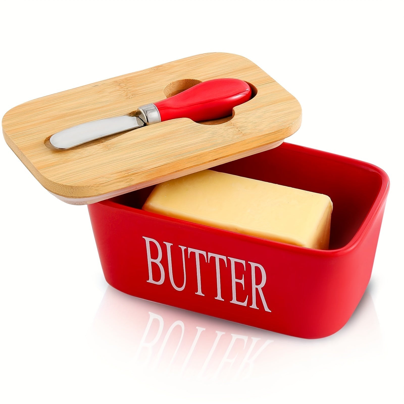 Ceramic Butter Dish Set with Bamboo Lid and Knife, Airtight Countertop Storage