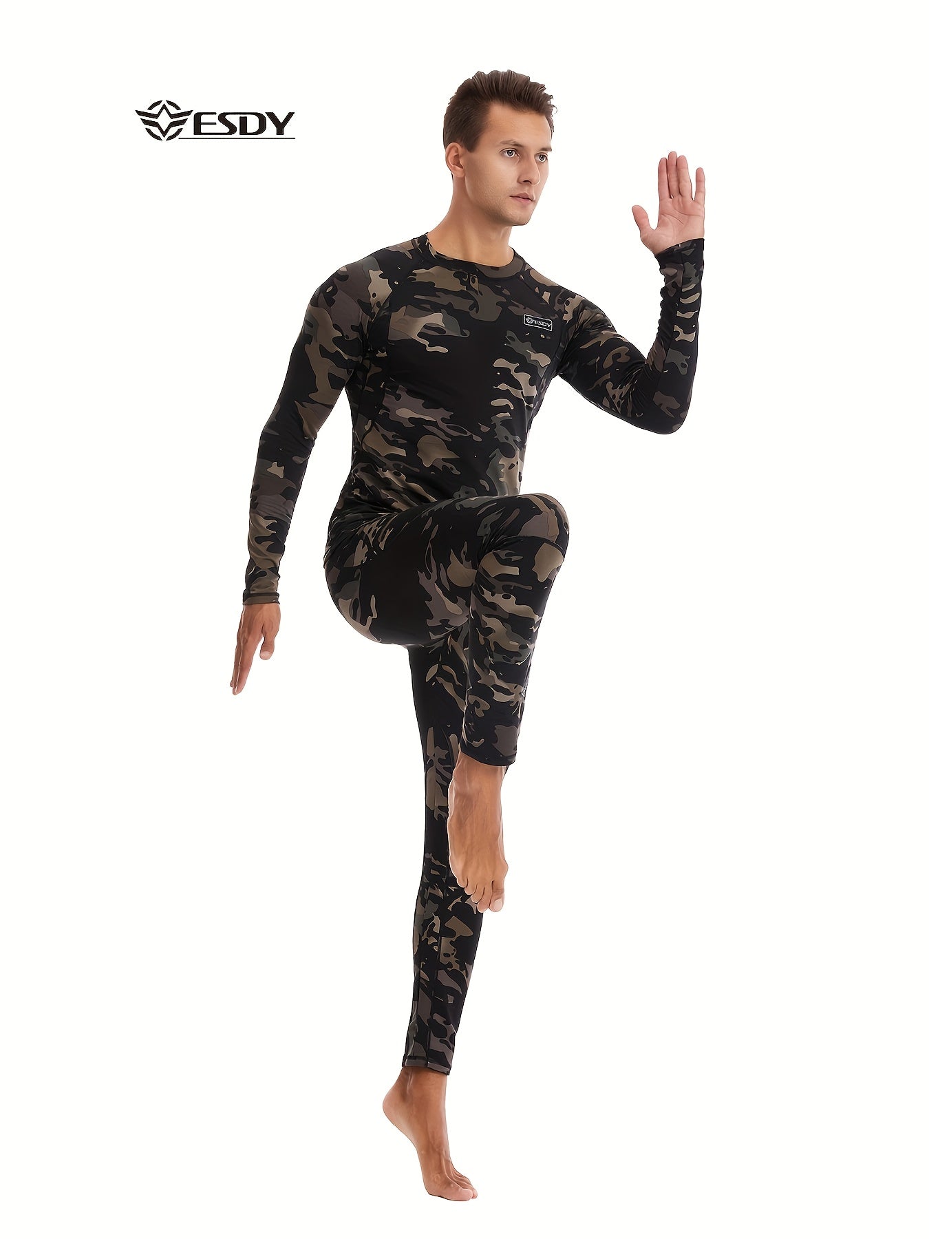 ESDY Erkaklar Kamuflyaj Termal Ichki Kiym - 90% Polyester 10% Spandex, Uzoq Yengli Crew Neck, Tor Fit, Yuqori Elastik Trikotaj Matolari, Bir Rangli, Sayohat va Tashqi Faoliyatlar Uchun, Kuz/Qish
