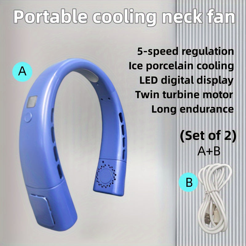 Portable Neck Fan with Ice Porcelain, 5-Speed LED, USB-C Charging