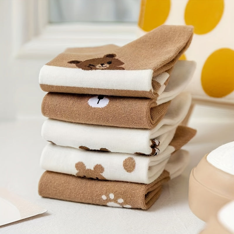 Women's Ankle Socks 5 Pairs Bear and Paw Print Cozy Autumn Lightweight Anti-Odor Spandex Polyester
