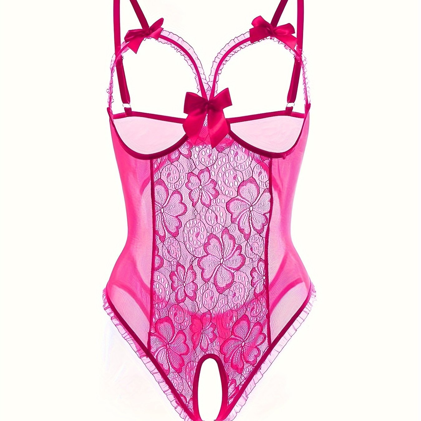 Gul naqshli dantel teddy, ochiq ko'krak va ochiq qorin bilan, ayollar uchun ruffle bodysuit ichki kiyim.