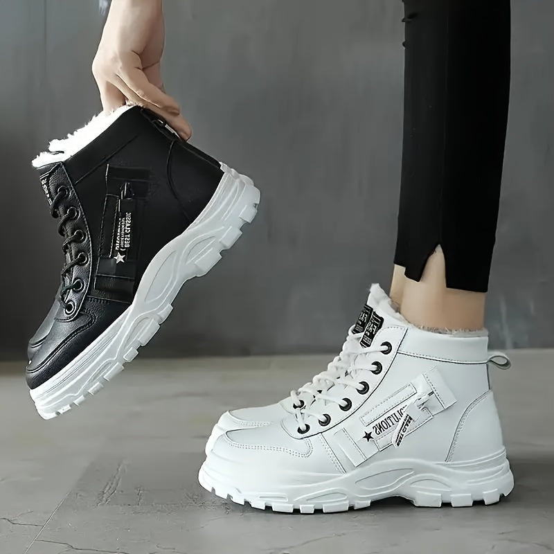 Women's Plush-Lined Platform Ankle Boots Winter Warm High-Top Sneakers Black/White