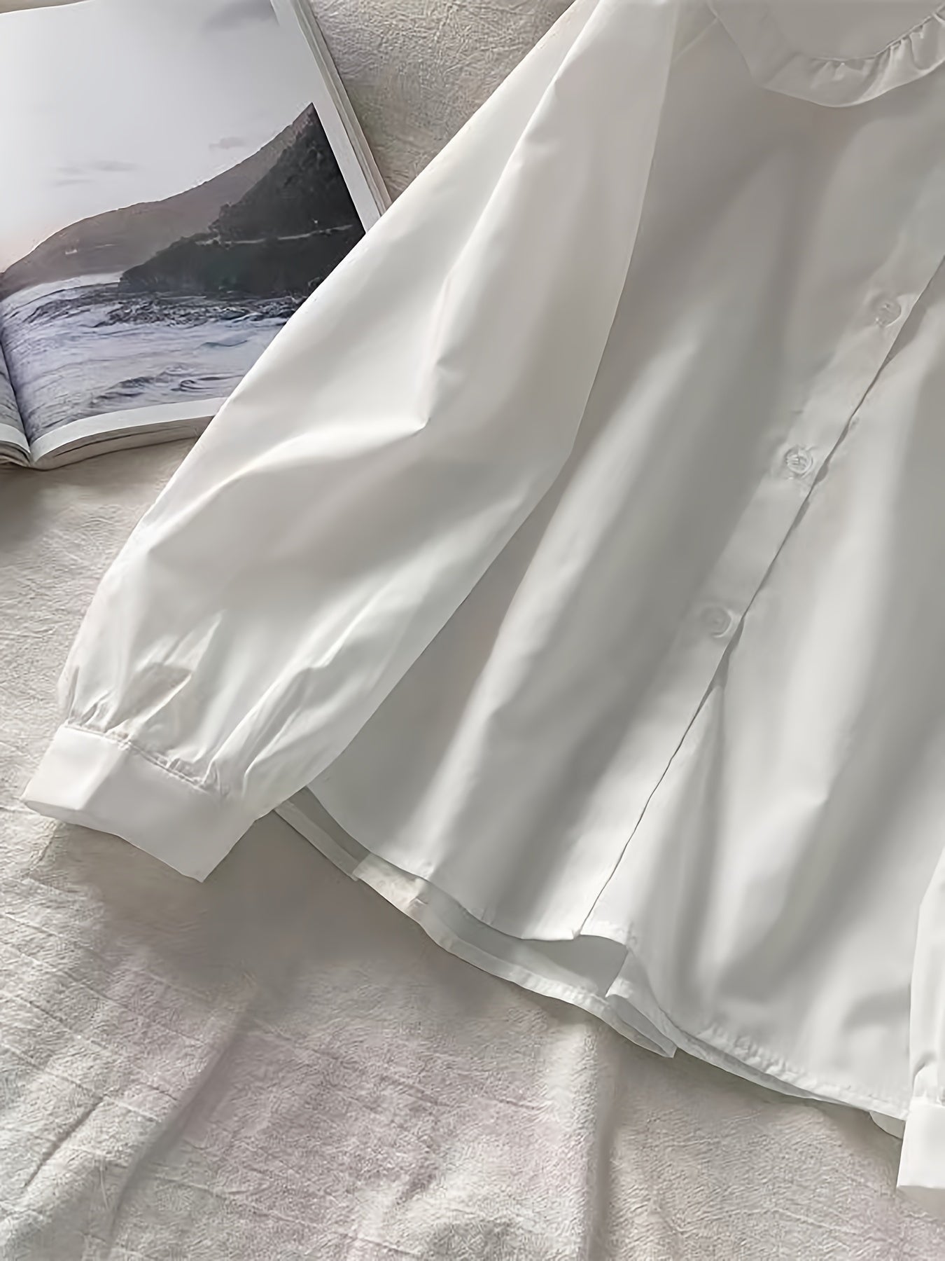 Women's Long Sleeve Shirt with Doll Collar Micro Elastic Polyester Solid Color Teen