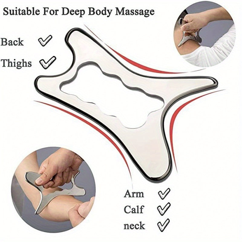 Stainless Steel Bone-Shaped Gua Sha Tool for Facial and Body Massage with Faux Leather Pouch