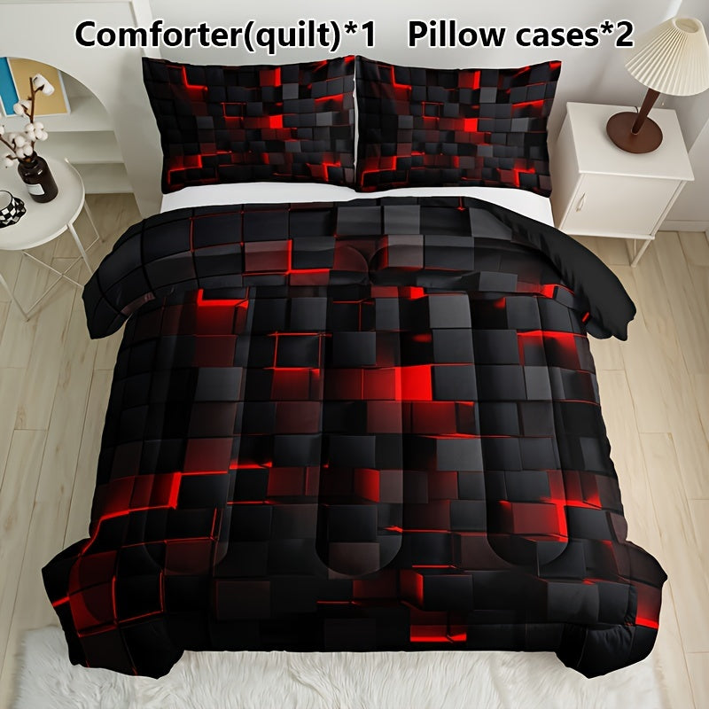 Set of 3 Black and Red Plaid Quilt Bedding with Pillowcases All-Season Soft