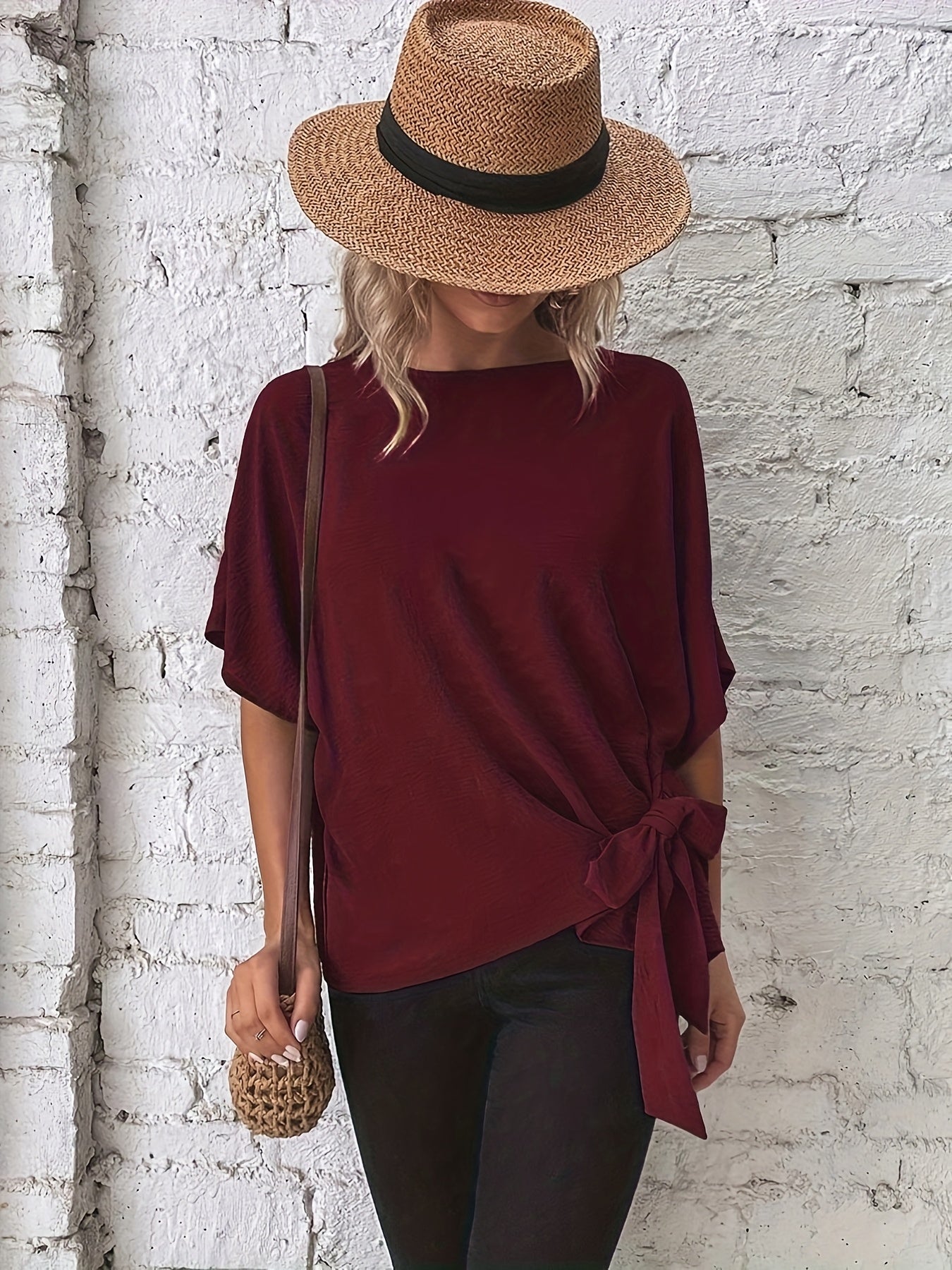 Plus Size Women's Batwing Sleeve Blouse Asymmetrical Knot Casual Shirt