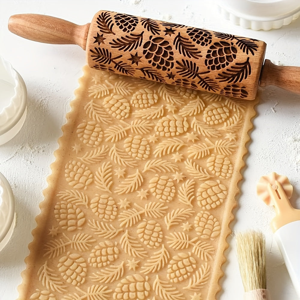 Лучший продаваемый скалка с тиснением шишек - лазерно-гравированная деревянная скалка для теста, идеальный рождественский подарок, отлично подходит для печати и украшения печенья