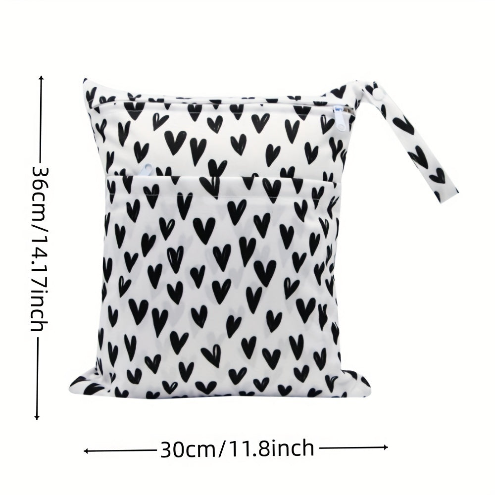 Black Hearts Waterproof Diaper Bag with 2 Zippered Pockets and Handle