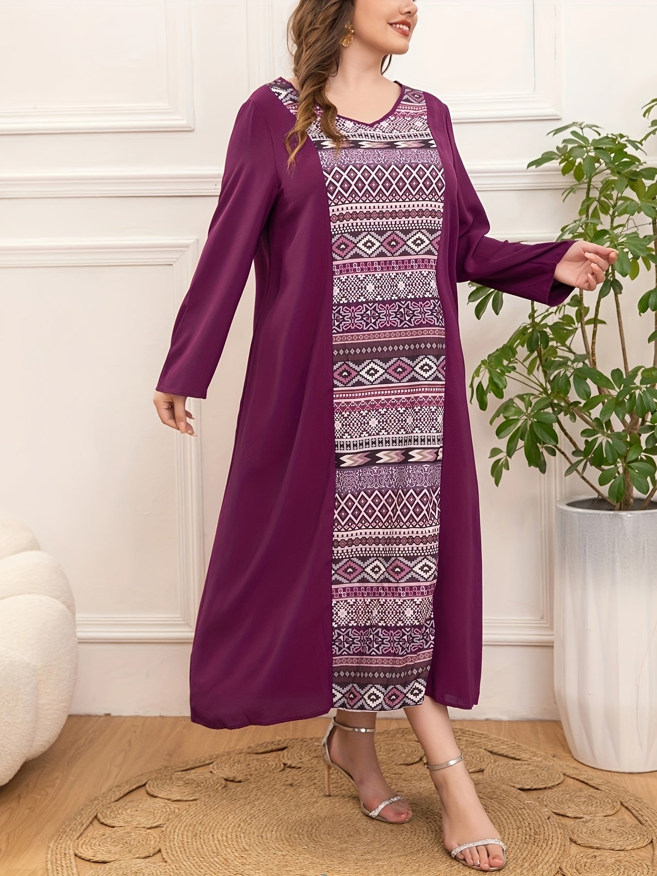 Women's Plus Size V-Neck Tunic Dress Polyester All-Season Loose Fit