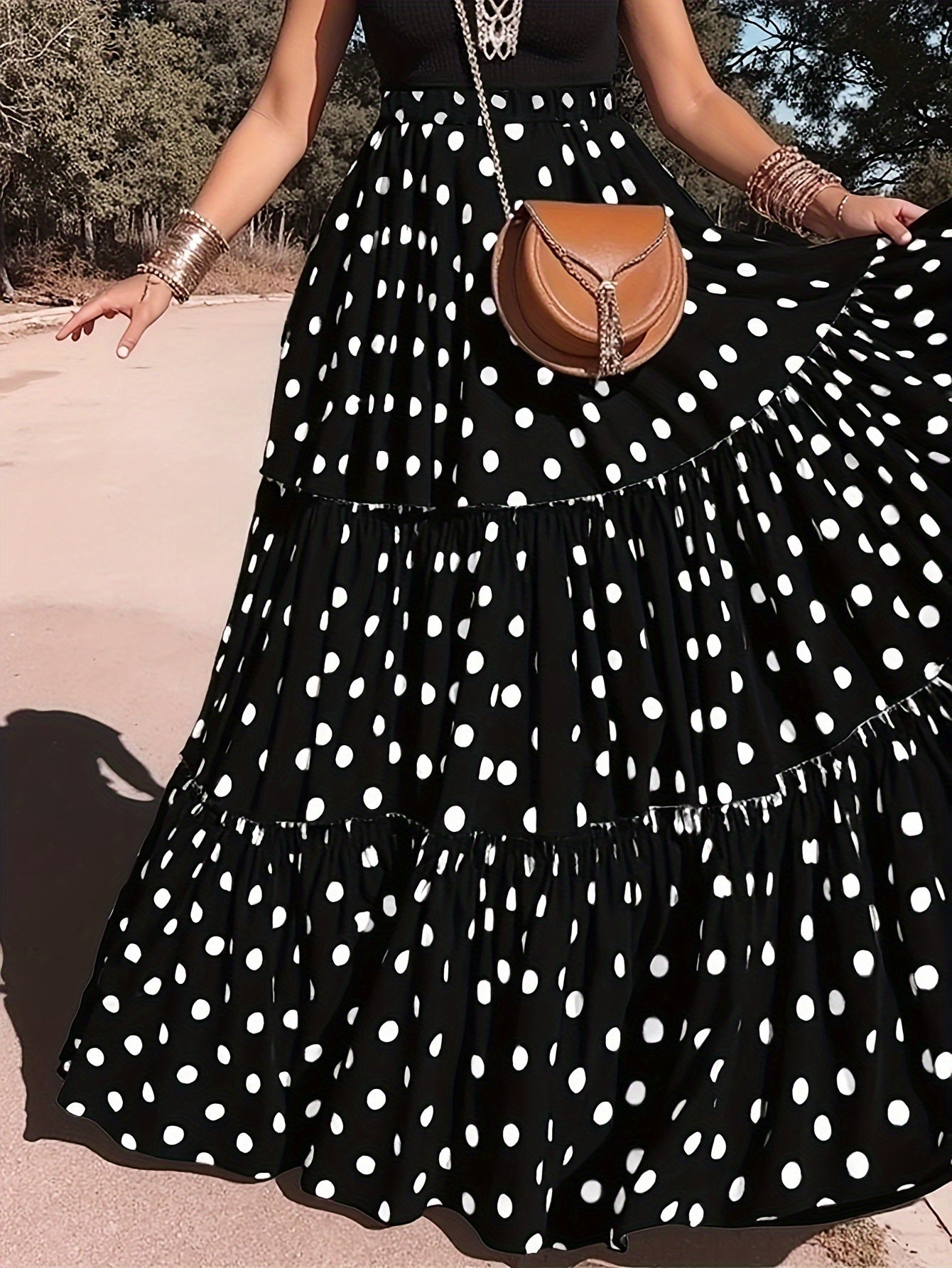 Plus Size Women's Long Polka Dot Tiered Skirt Non-Stretch Polyester Casual Spring Summer Fall